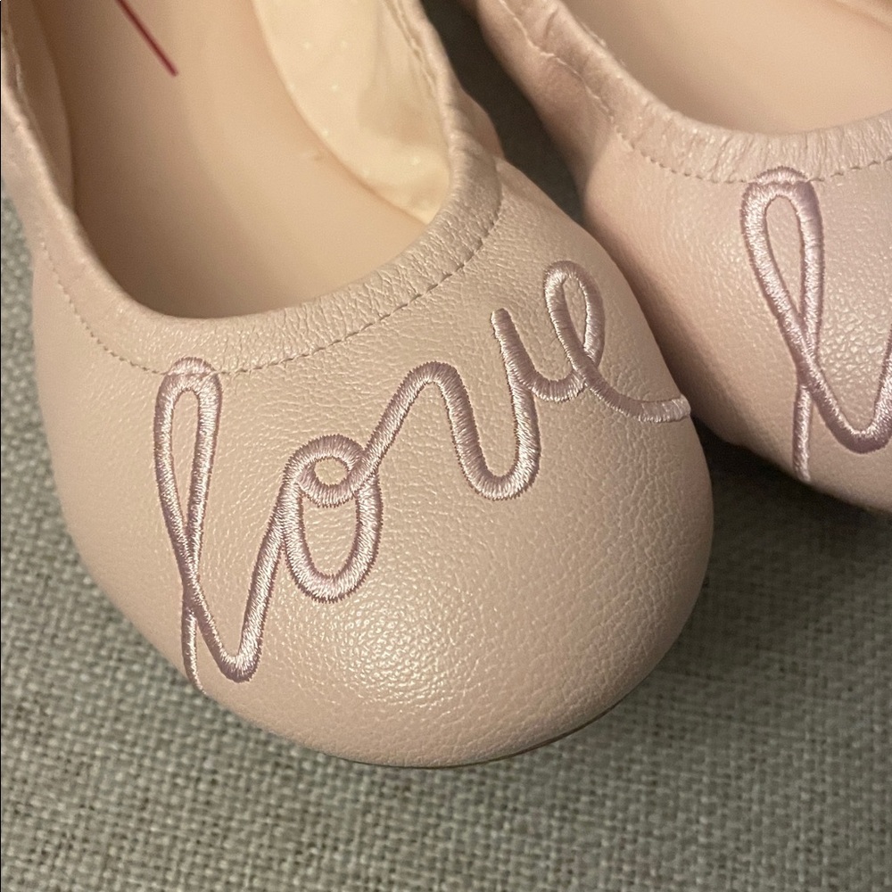 Pink Ballet Flats Girls size 3. Love script. Ellen Degeneres.